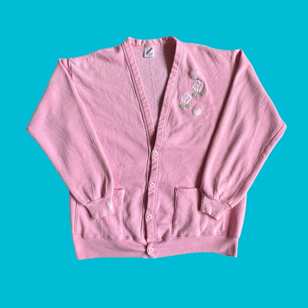 Vintage 90s Cardigan Jerzees Flowers Embroidery Pink Women One Size Fits All